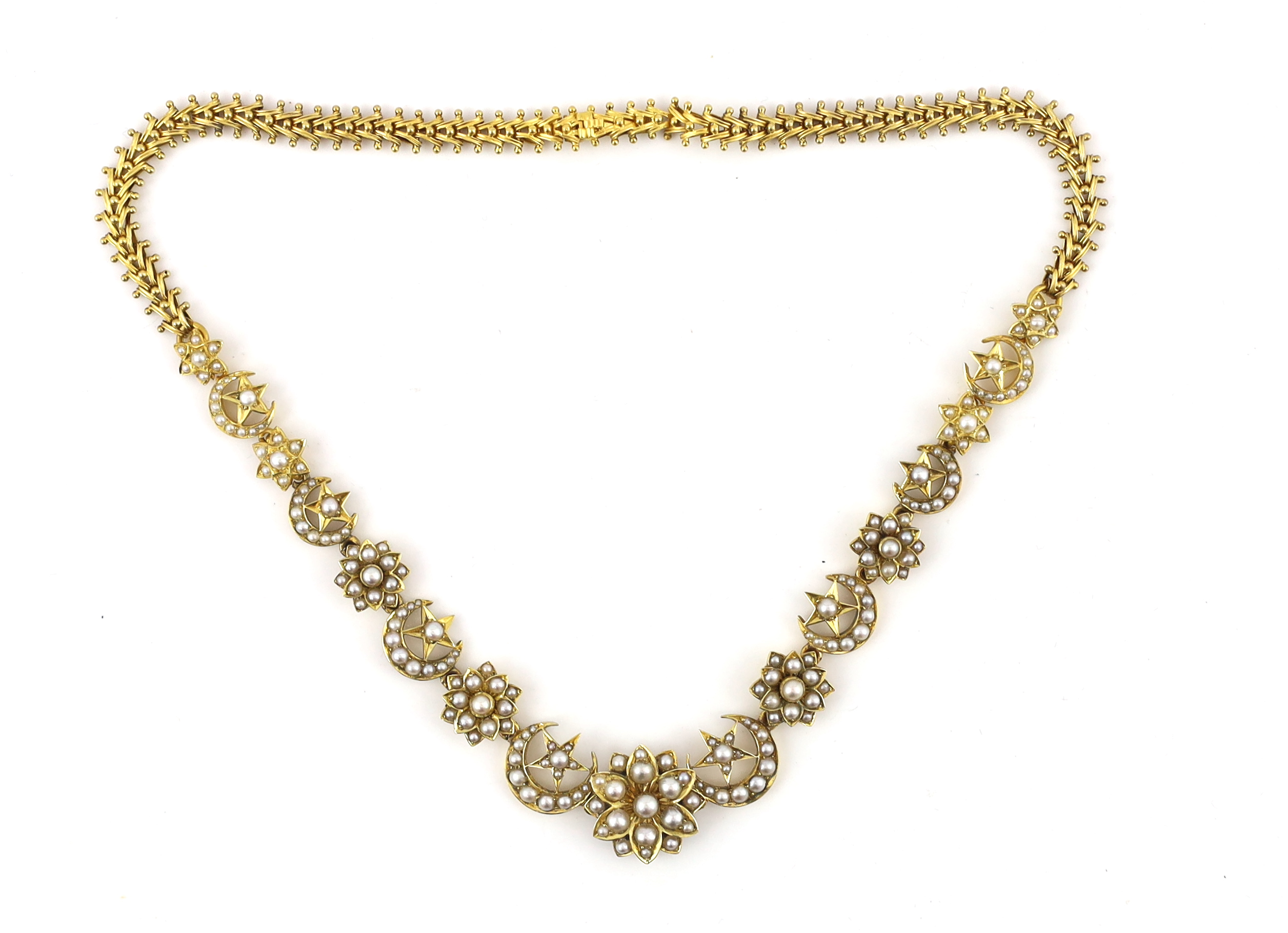 A late Victorian gold and seed pearl set necklace